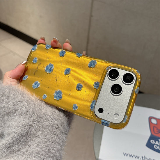Luxury Glitter Yellow Case for iPhone with 3D Blue Flowers—Shockproof Camera Protection