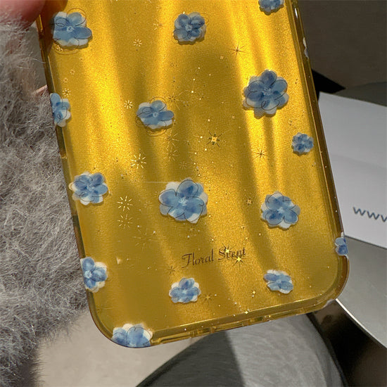 Luxury Glitter Yellow Case for iPhone with 3D Blue Flowers—Shockproof Camera Protection