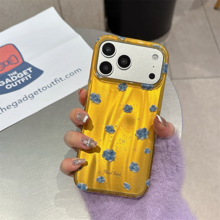 Luxury Glitter Yellow Case for iPhone with 3D Blue Flowers—Shockproof Camera Protection