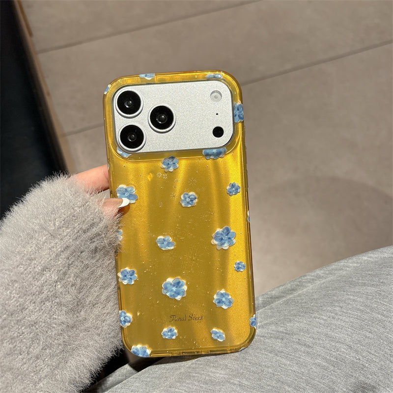 Luxury Glitter Yellow Case for iPhone with 3D Blue Flowers—Shockproof Camera Protection