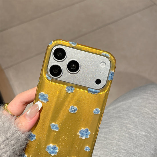 Luxury Glitter Yellow Case for iPhone with 3D Blue Flowers—Shockproof Camera Protection