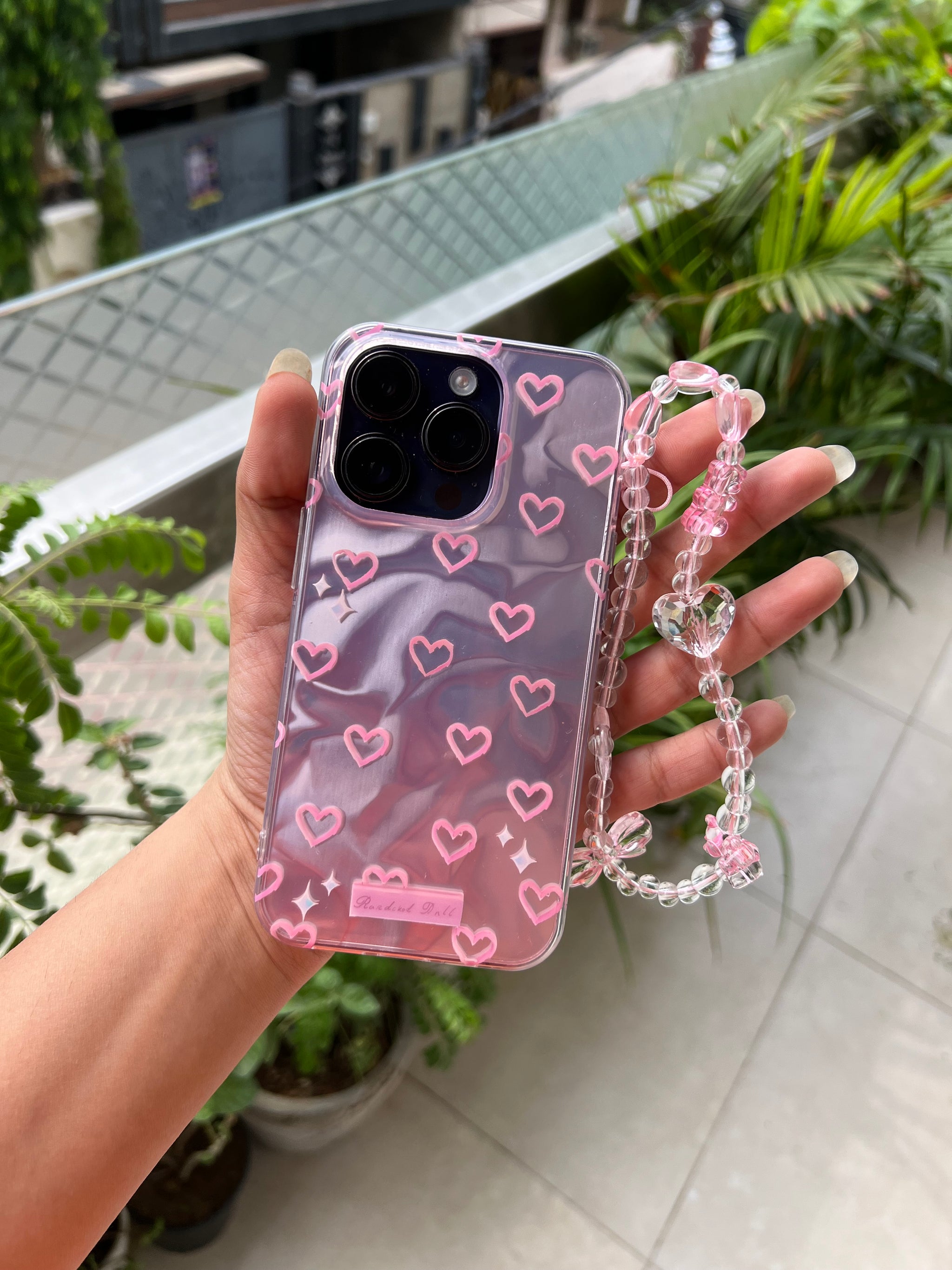 Pink Hearts Holographic Case with Beaded Charm