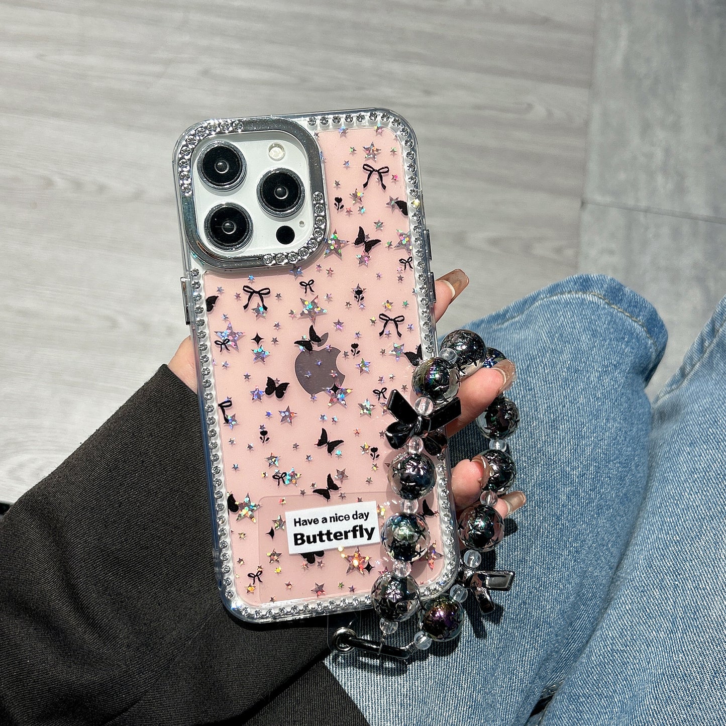 Pink Butterfly Glitter iPhone Case with Beaded Wrist Strap – Sparkly Protective Cover