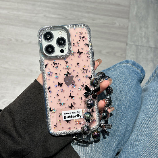 Pink Butterfly Glitter iPhone Case with Beaded Wrist Strap – Sparkly Protective Cover