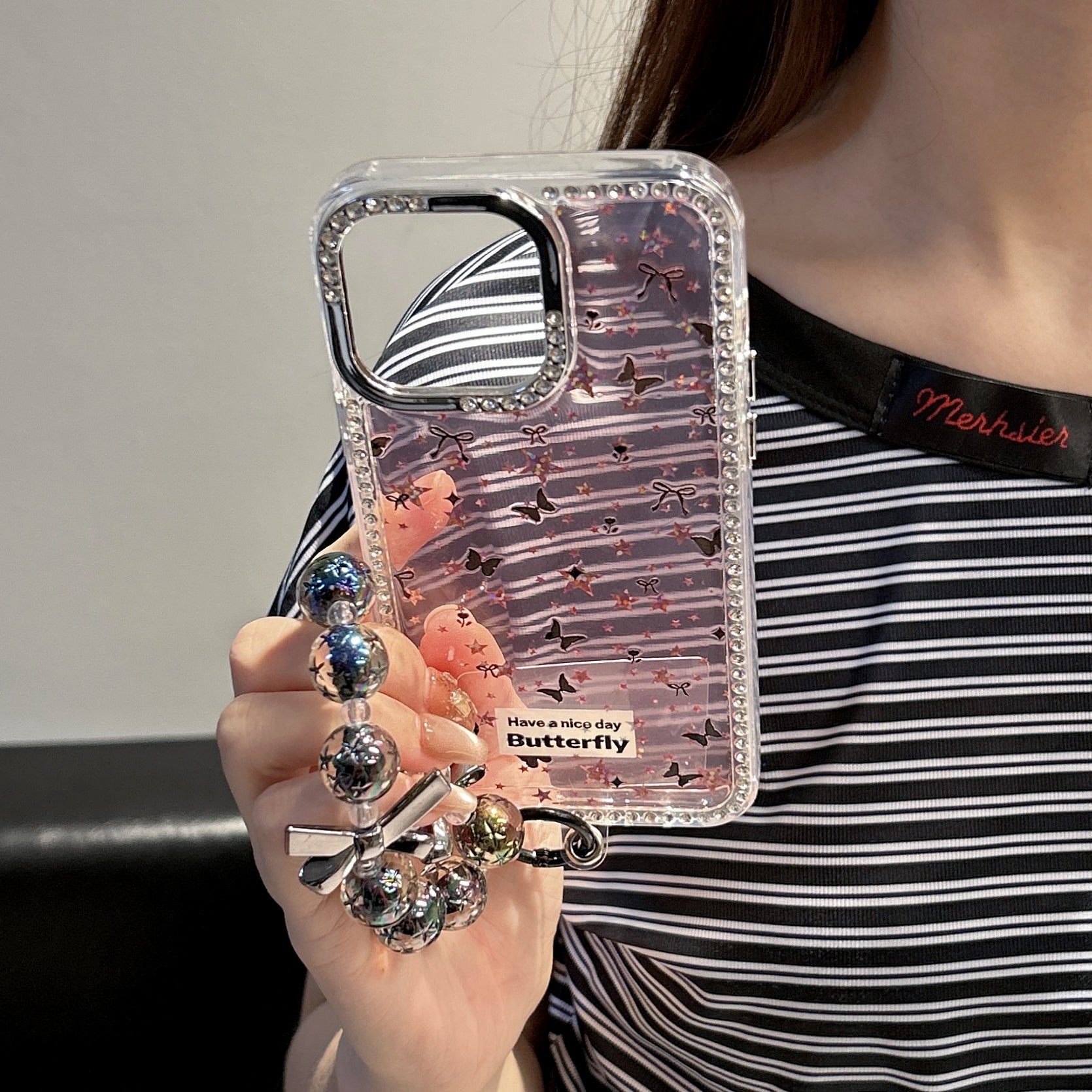 Pink Butterfly Glitter iPhone Case with Beaded Wrist Strap – Sparkly Protective Cover