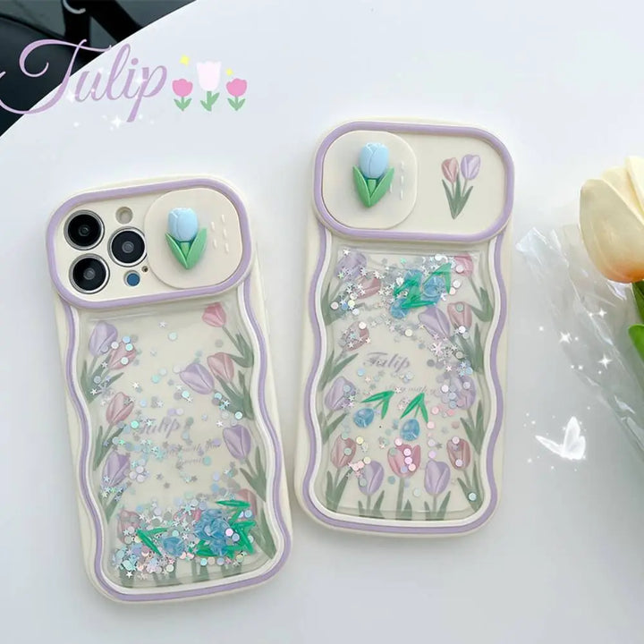 Floral Slider With Glitter Falling Case