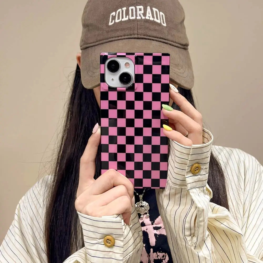 Pink Black Checkered iPhone Case – Glossy Retro Y2K Phone Cover