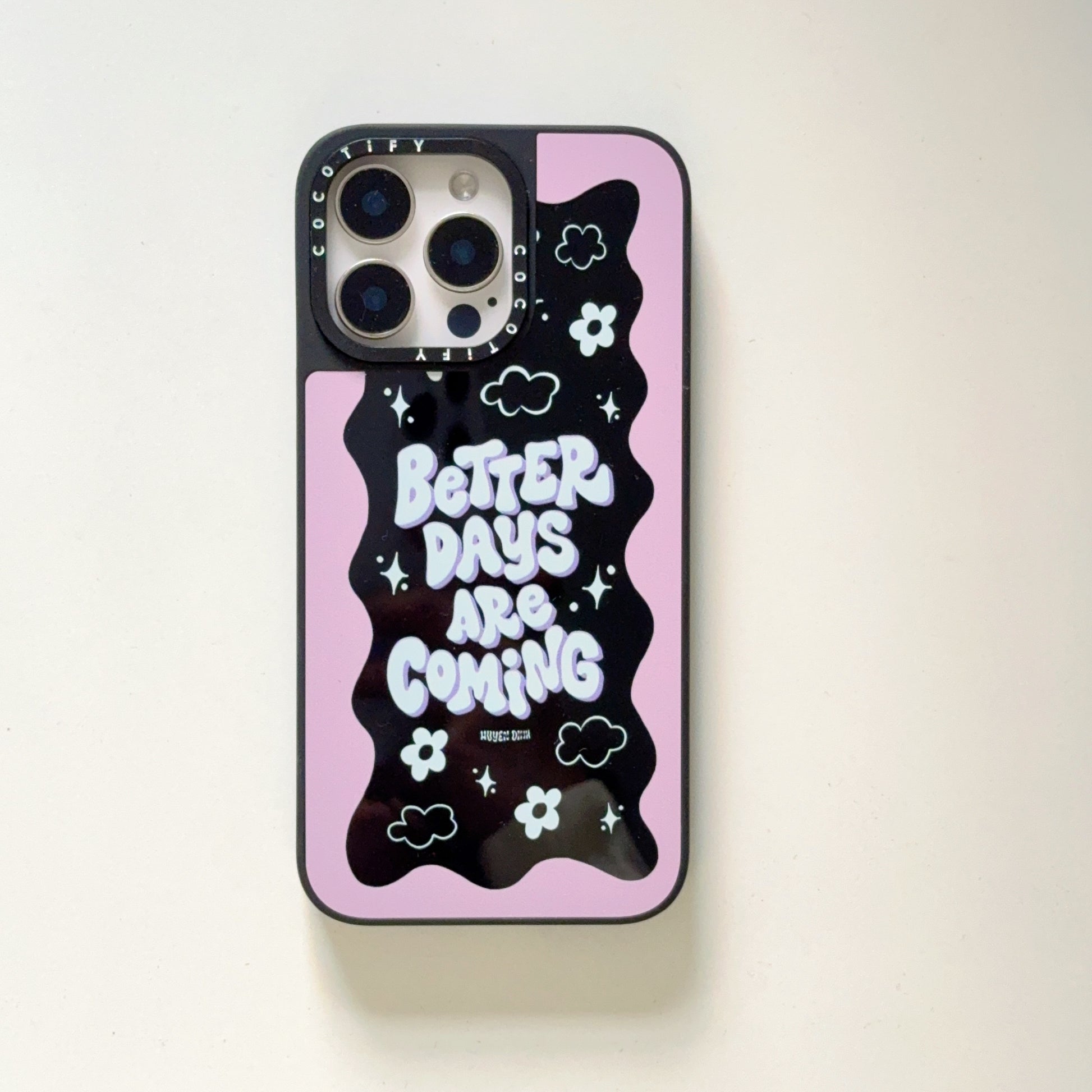 Better Days Are Coming Quote iPhone Case – Aesthetic Pink and Black Wavy Design