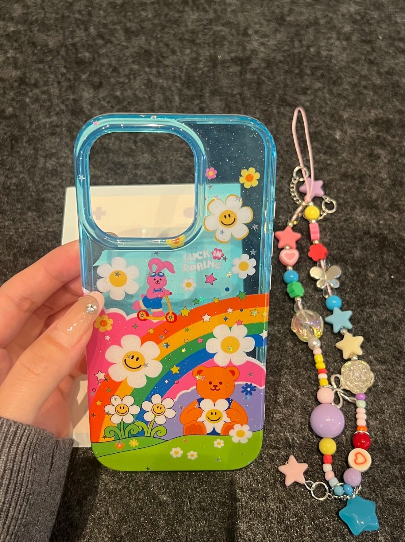 Colorful Rainbow Cartoon iPhone Case with Beaded Charm Strap