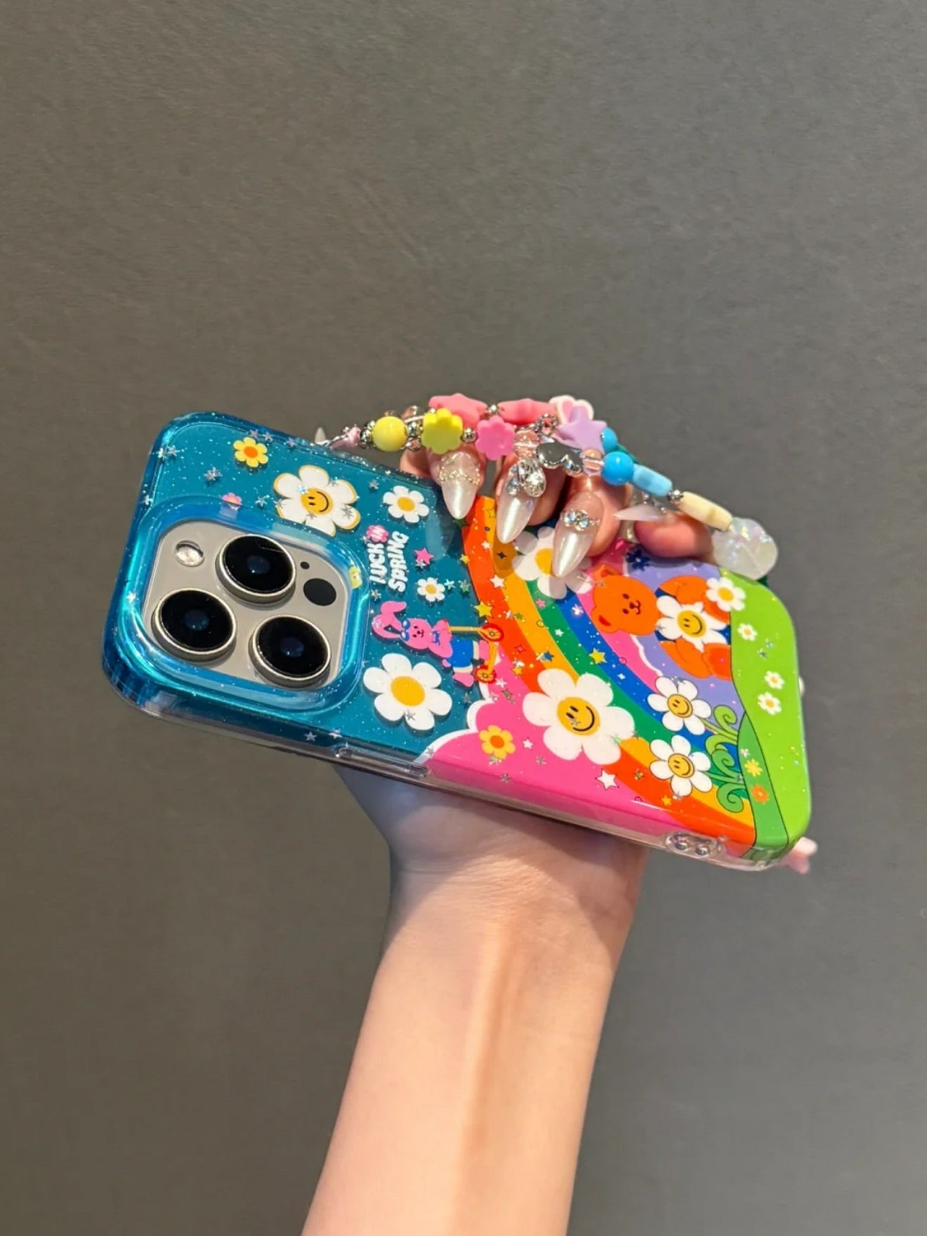 Colorful Rainbow Cartoon iPhone Case with Beaded Charm Strap