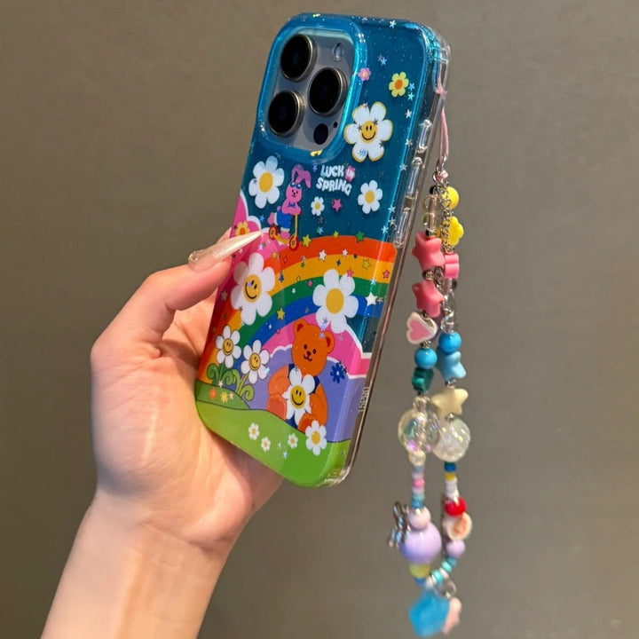 Colorful Rainbow Cartoon iPhone Case with Beaded Charm Strap