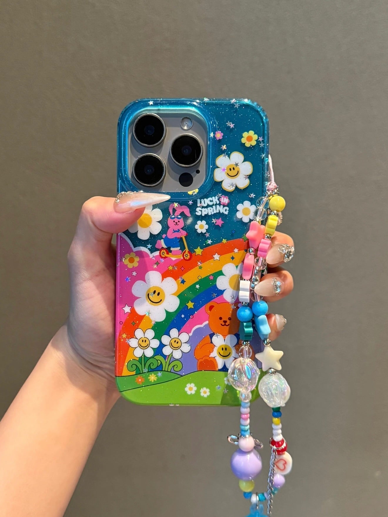 Colorful Rainbow Cartoon iPhone Case with Beaded Charm Strap
