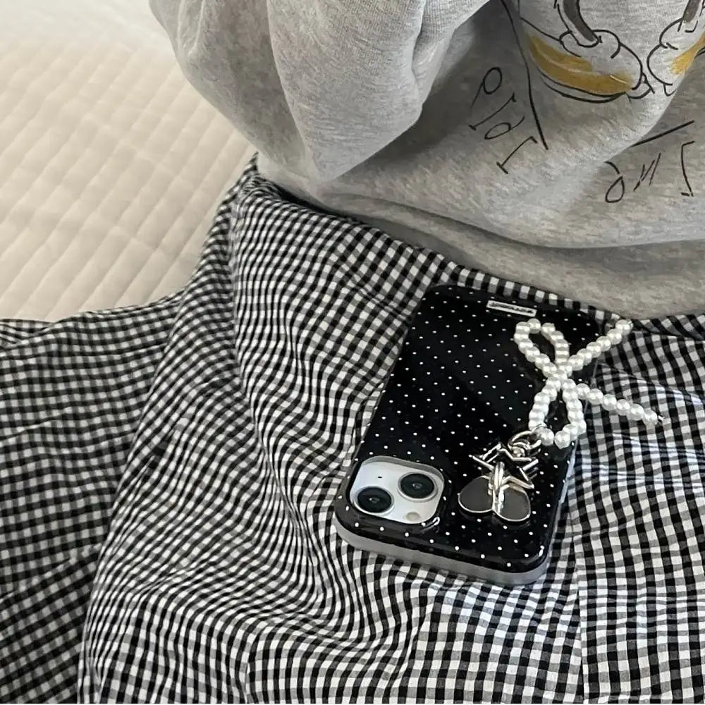 Black Polka Dot Phone Case with Pearl Bow Charm
