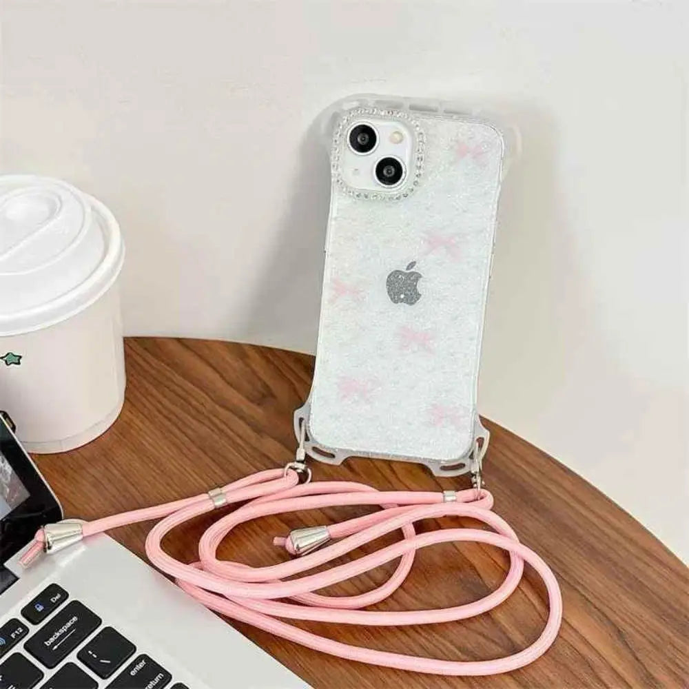 Shimmer pink Clear Butterfly Case with Hanging Lanyard