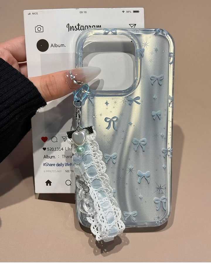 Frosty Satin Bows iPhone Case with Crochet Wrist Strap