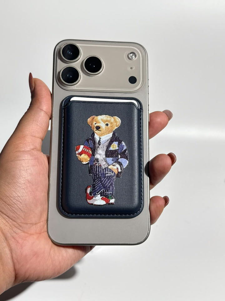 Navy teddy bear MagSafe wallet on iPhone