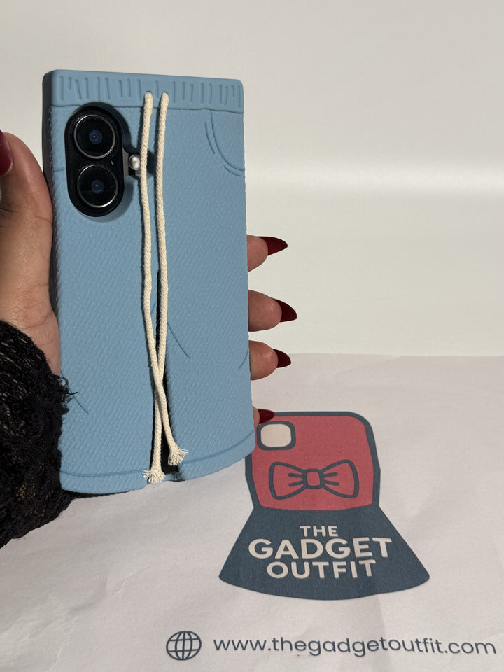 Trendy Blue Pants-Style Phone Case with Cute Drawstring Design