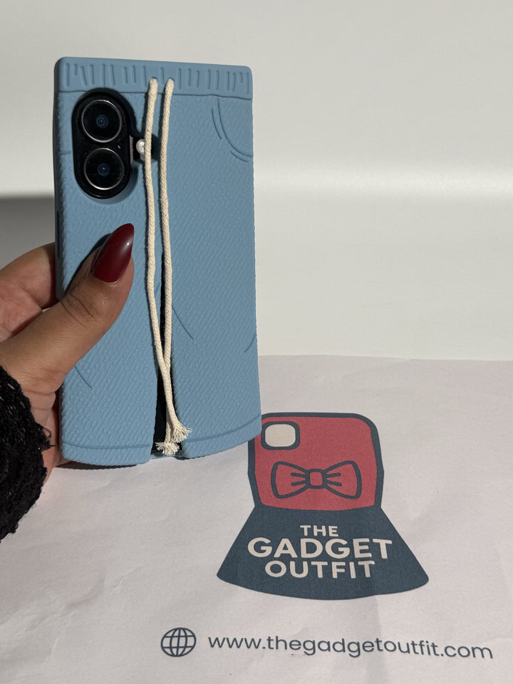 Trendy Blue Pants-Style Phone Case with Cute Drawstring Design