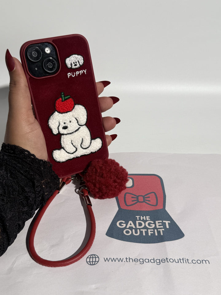 Cute Red Dog Phone Case with Apple Patch by Soft Grip and Wrist Strap