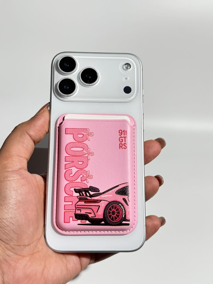Pink sports car MagSafe wallet on iPhone