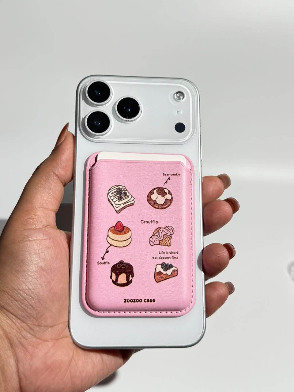 Pink dessert print MagSafe wallet on iPhone