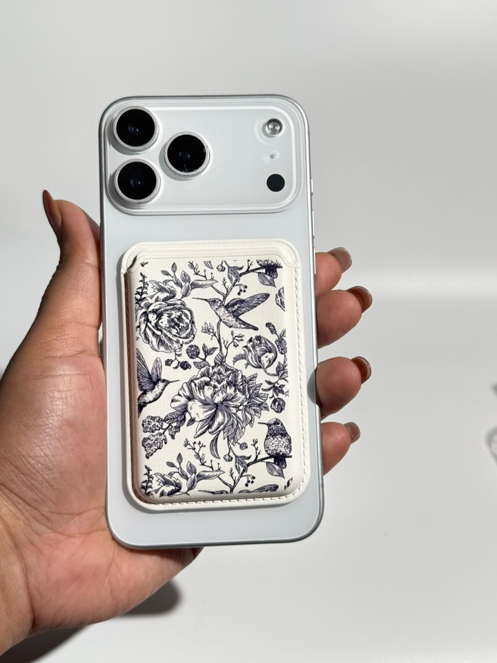 Midnight Garden ivory MagSafe wallet on iPhone