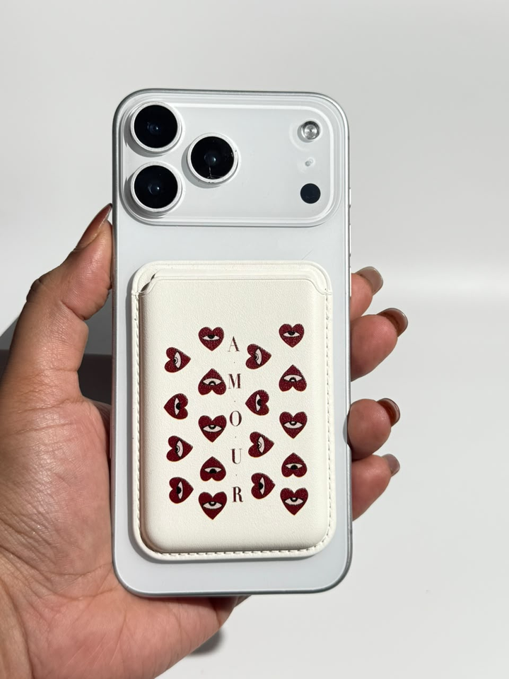 Crimson Heart Gaze ivory MagSafe wallet on iPhone