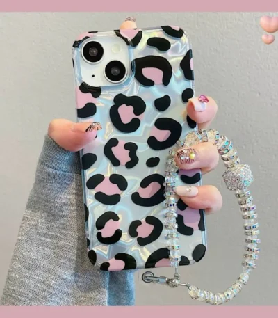 Holographic Black Pink Leopard Case With Pendant Charm