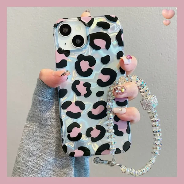 Holographic Black Pink Leopard Case With Pendant Charm