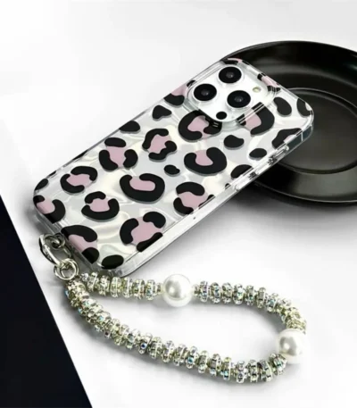 Holographic Black Pink Leopard Case With Pendant Charm