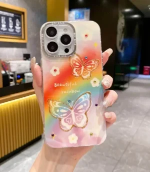 Holographic Beautiful Butterfly Rainbow Case With Diamond Camera Rings