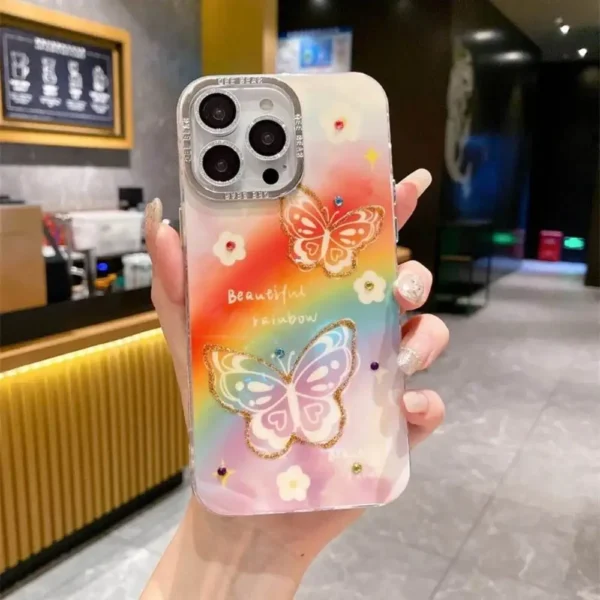 Holographic Beautiful Butterfly Rainbow Case With Diamond Camera Rings