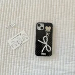 Black Polka Dot Phone Case with Pearl Bow Charm