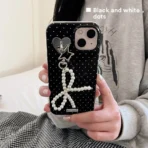 Black Polka Dot Phone Case with Pearl Bow Charm