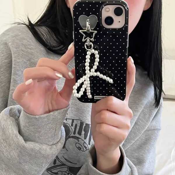 Black Polka Dot Phone Case with Pearl Bow Charm