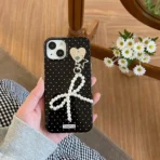 Black Polka Dot Phone Case with Pearl Bow Charm