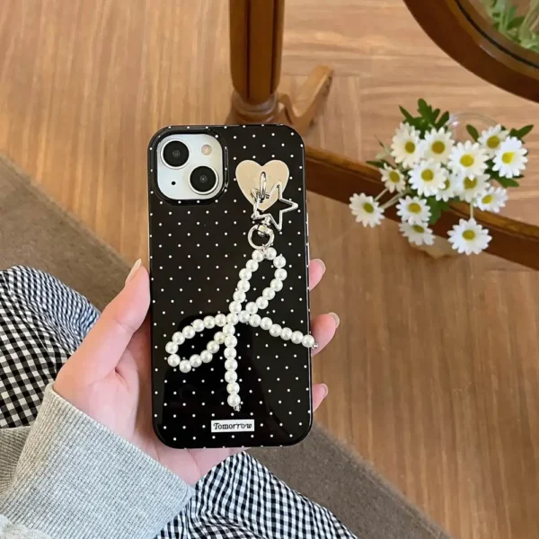 Black Polka Dot Phone Case with Pearl Bow Charm