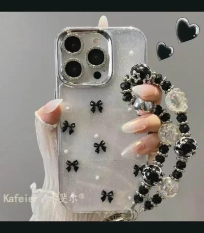 Elegant Noir Bow Glitter Case with Pendant Charm