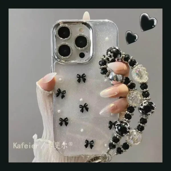 Elegant Noir Bow Glitter Case with Pendant Charm