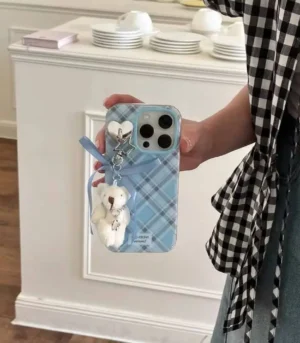 Blue Plaid Teddy Charm Phone Case