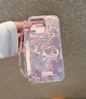 Pink Hearts Holographic Case with Beaded Charm