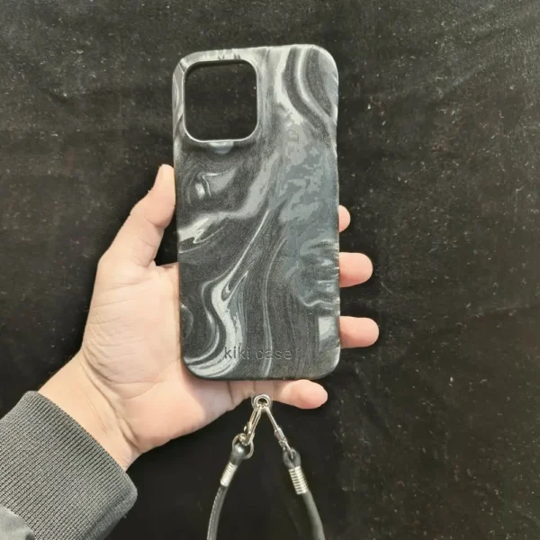 Black Swirl Glossy Phone Case with Wrist Strap