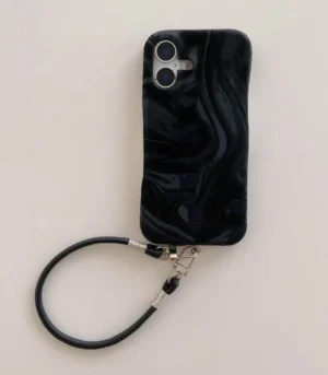 Black Swirl Glossy Phone Case with Wrist Strap