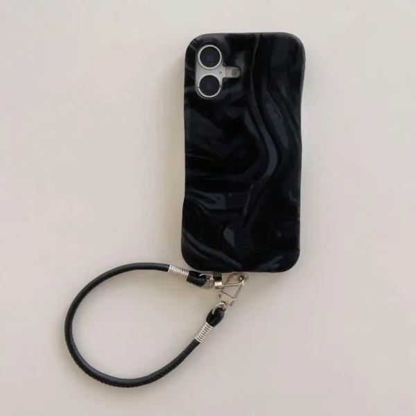 Black Swirl Glossy Phone Case with Wrist Strap